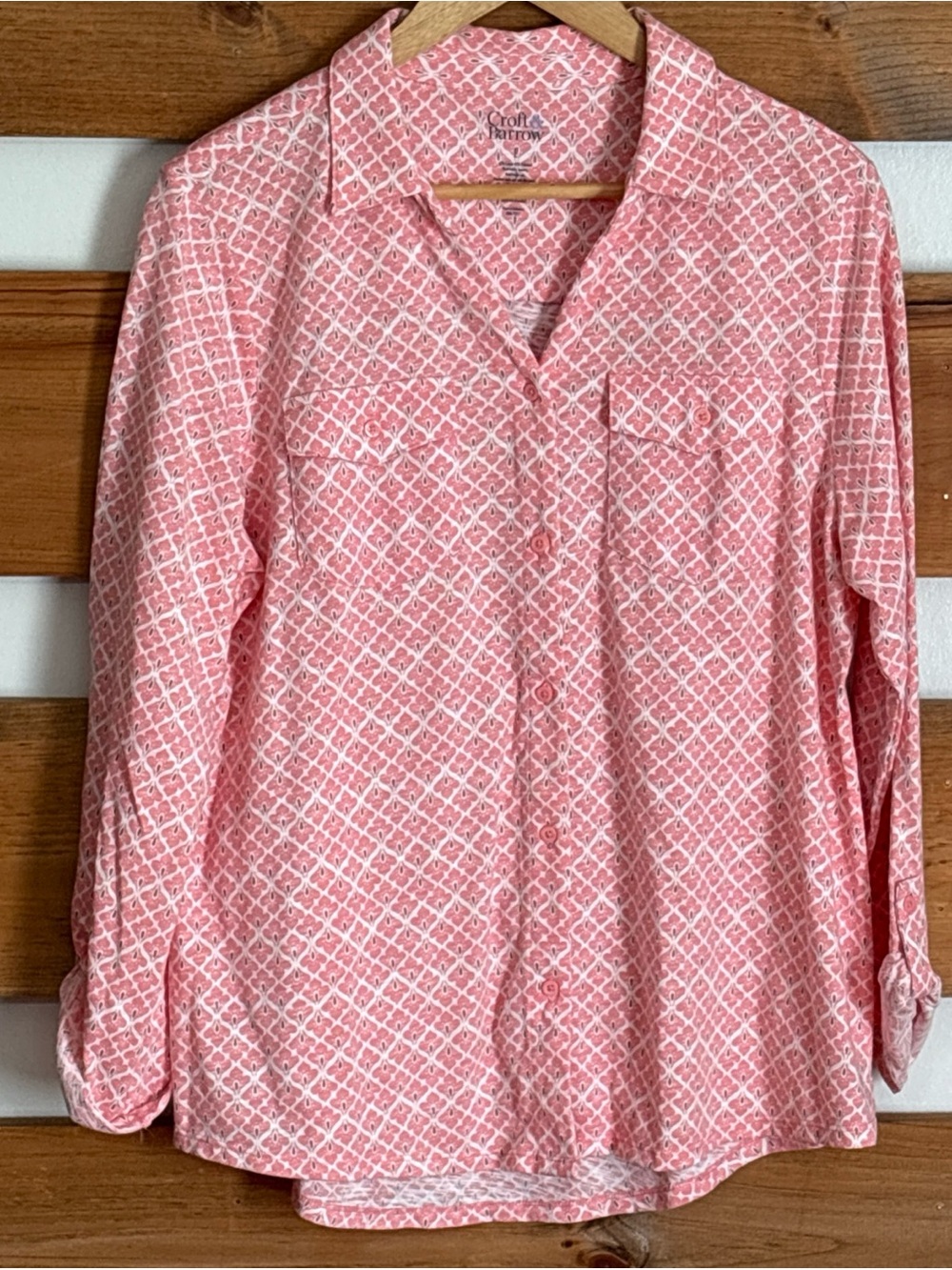 Croft & Barrow Collared Button-Down Women's Geometric Chic Pink/Gray Blouse L
